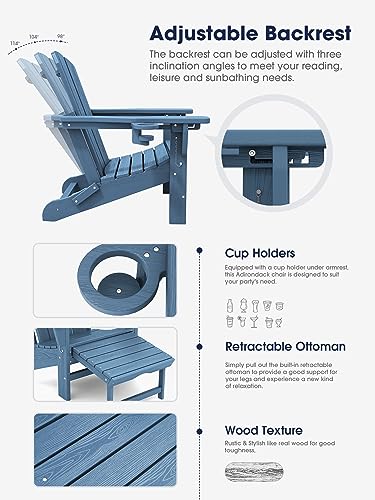 KINGYES Folding Adjustable Adirondack Chair with Retractable Ottoman Set of 4, HDPE All Weather Chair with Cup Holder, Wood-Like Reclining Adirondack Chair- Versatile Adirondack Chair, White