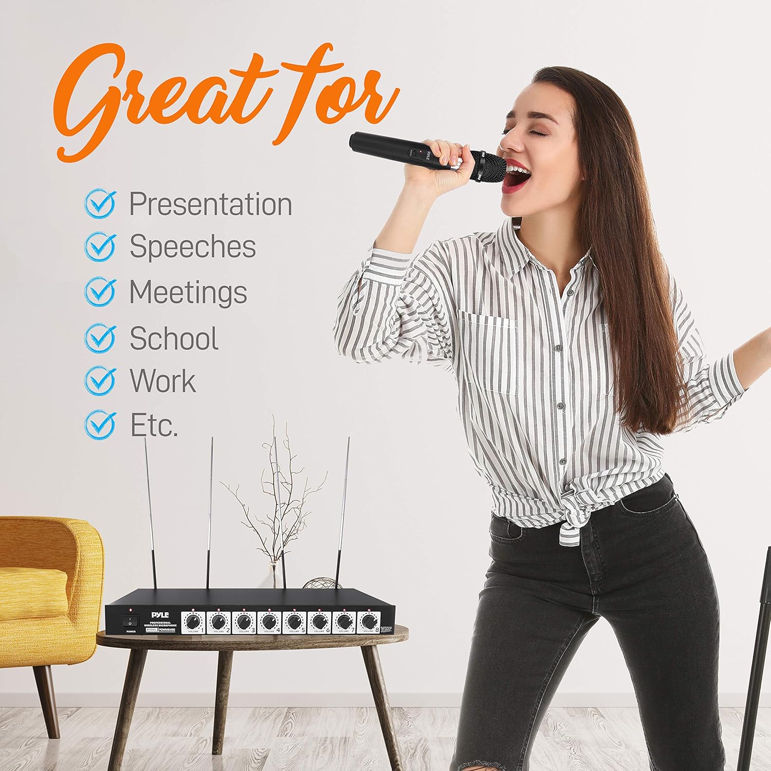 Pyle VHF Wireless System-Rack Mountable 8 Channel Cordless Set w/ 8 Handheld Microphones, Mixed 1/4" Outputs-DJ, Karaoke, Conference Speaker-Pyle PDWM8400