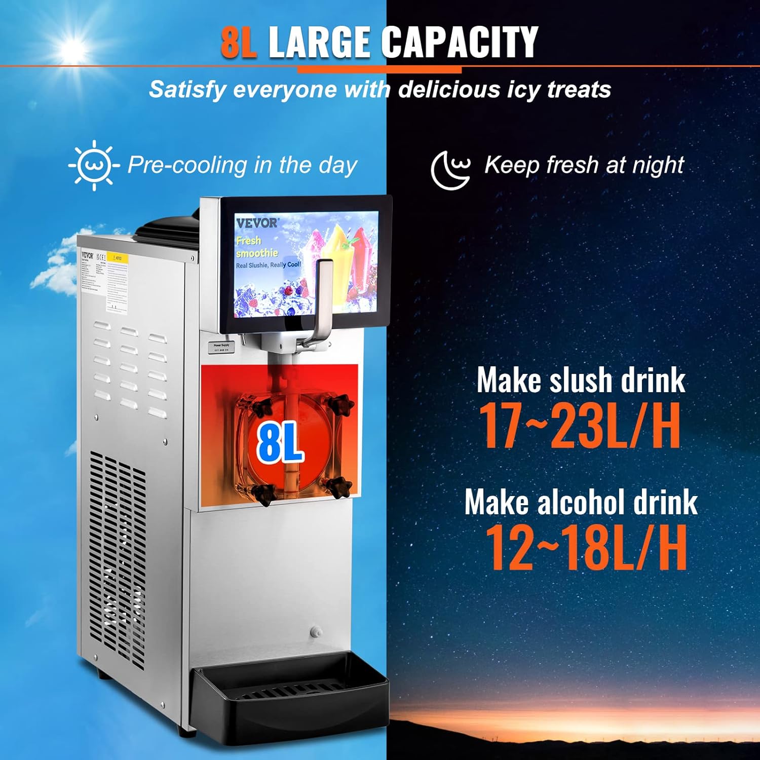 VEVOR Commercial Slushy Machine, 8L/2.1Gal Single Bowl Margarita Machines, 1550W Stainless Steel Alcohol Smoothie Frozen Drink Maker, Slushie Makers for Party Cafes Restaurants Bars Home