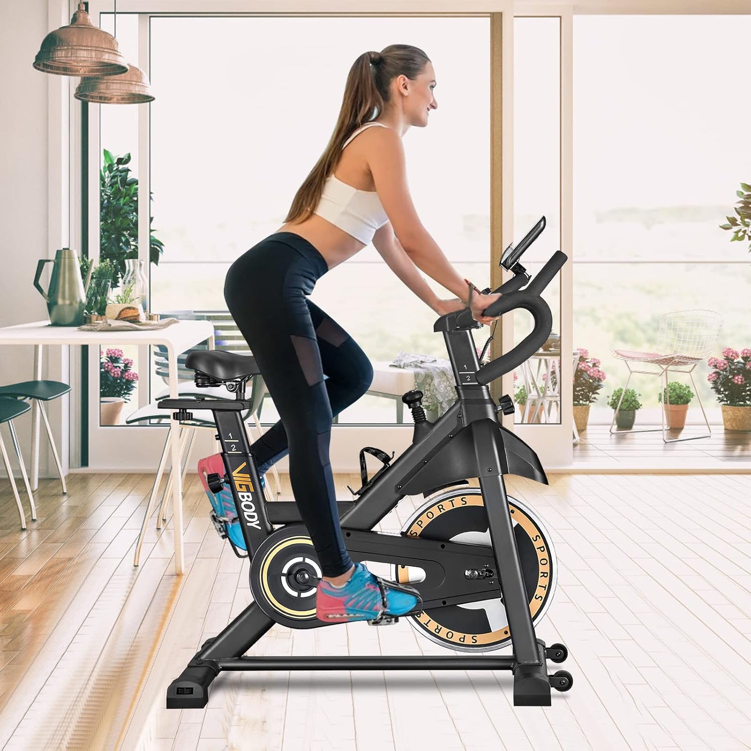 Indoor Cycling Bike Stationary, VIGBODY Exercise Bike Ipad Holder with LCD Monitor Comfortable Seat for Home Cardio Workout Indoor Fitness Training Bike