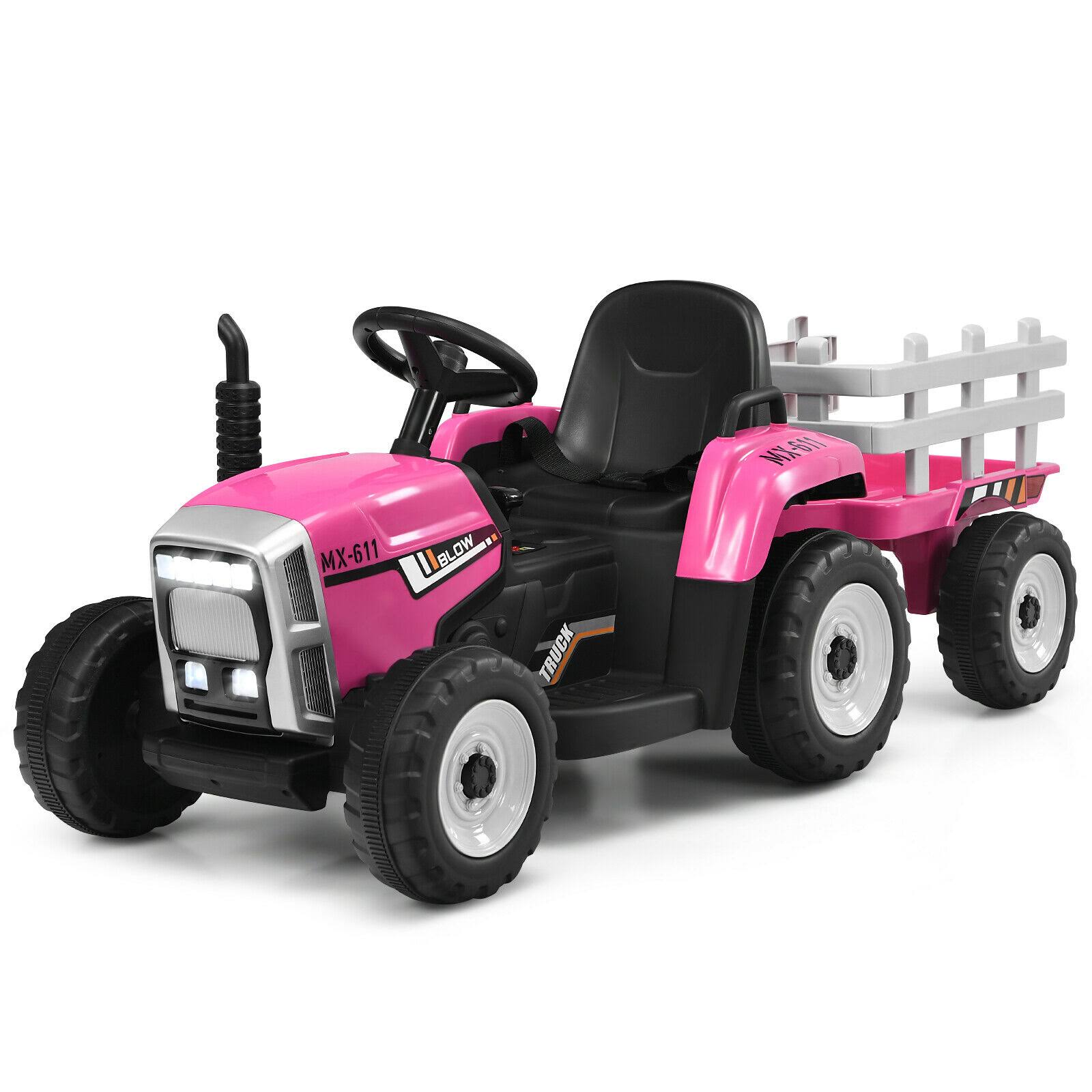 12V Kids Ride on Tractor with Trailer Ground Loader-Pink - Megean