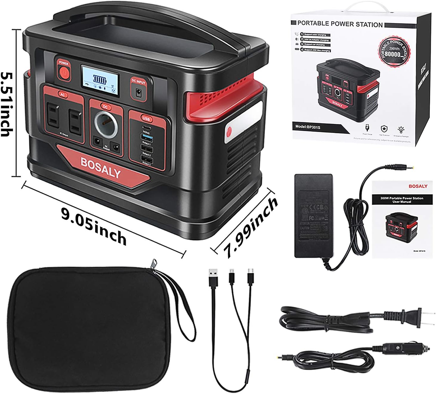 BOSALY Portable Power Station, 296Wh CPAP Fast Charger Lithium Backup Battery Pack 110V 300W Solar Generator?Pure Sine Wave AC Outlet USB DC?Supply for Outdoors Camping Travel Hunting Emergency