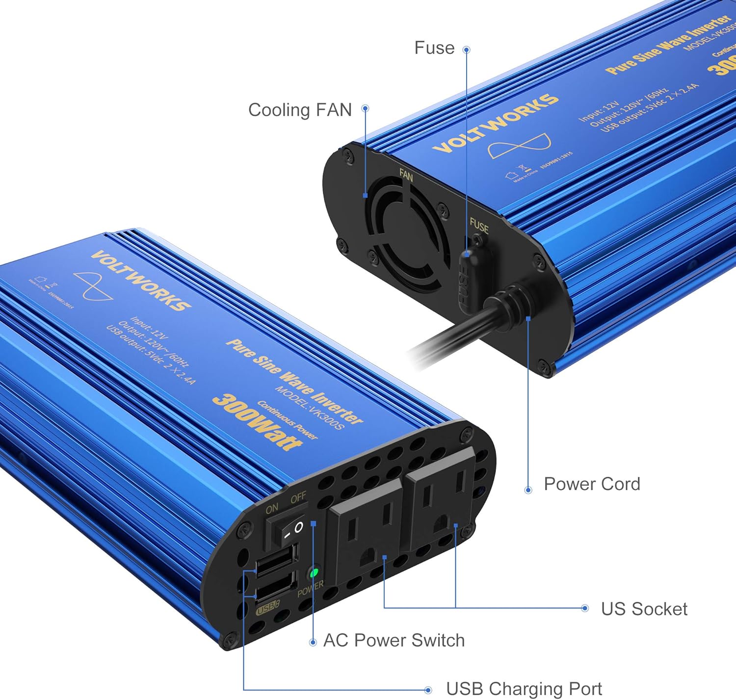 VOLTWORKS 600 Watts Pure Sine Wave Power Inverter 600w DC 12V to AC 110V 120V with Dual 2.4A USB Port & LCD Display Two AC Outlets for Car Truck RV