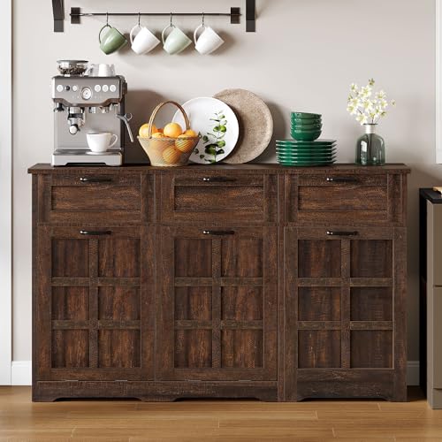 DWVO Double Trash Can Kitchen, Tilt Out Trash Can Cabinet with Drawers, Kitchen Island with Trash Can Storage, Hidden Trash Can Cabinet 20 Gallon, Laundry Hamper Cabinet, Brown Oak