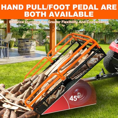 Heavy Duty Steel Dump Cart & Utility Trailer 1600LB Capacity ATV/Lawn Tractor Hauler with Dual Dumping Modes (Manual/Foot Pedal), All-Terrain Tires & Dual Bearings for Garden, Farm, Firewood