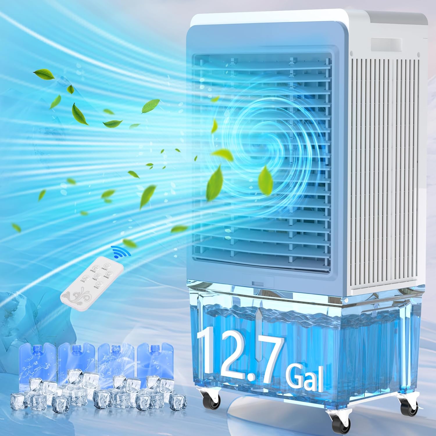 Swamp Cooler, 4129CFM Evaporative Air Cooler with 12.7-Gal Water Tank, Evaporative Cooler with Water Level Alarm, Silver Ion, 12H Timer, Air Cooler for Indoor Outdoor Garage Patio Use(47IN)