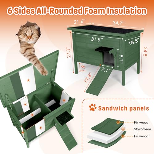BRIOPAWS Outdoor-Cat-House-Insulated | Feral-Cat-Shelter for Winter | Weatherproof | Large Wooden Pet House for Multiple Cats | Foldable Ladder | Acrylic Side Window | Grey
