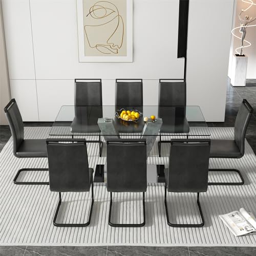 71" Glass Dining Table Set for 6 People, 7-Piece Table Set, Kitchen Table and 6 PU Leather Chairs, Dining Table Set Ideal for Living Room Office(Grey Table+White S Chairs,1 Table+6 Chairs)