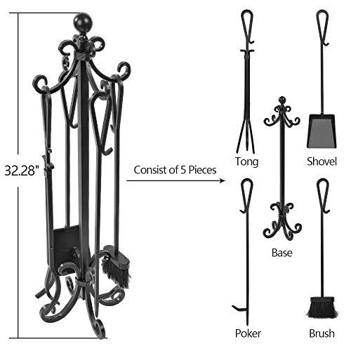 Amagabeli 5 Pieces Scroll Fireplace Tools Cast Iron Indoor Firewood Tools with L