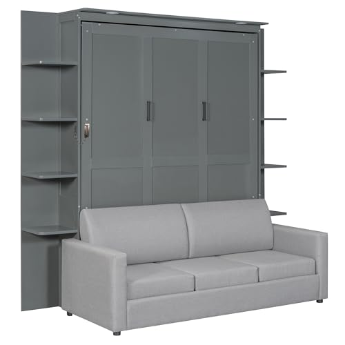 Polibi Queen Size Murphy Bed - Multi-Functional Wall Bed with Sofa Cushion, Folds into Cabinet, Ideal for Guest Room/Home Office/Gym, Gray