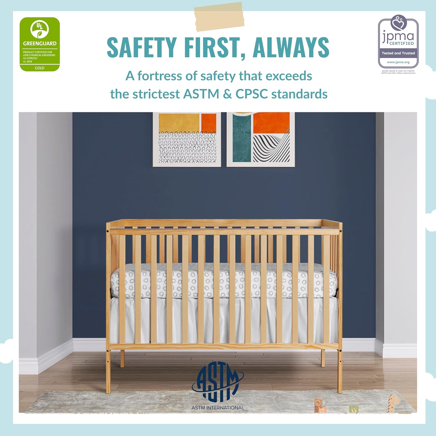 Synergy 5-in-1 Convertible Crib & Emily Changing Table with 1" Pad, 2 Shelves in Natural