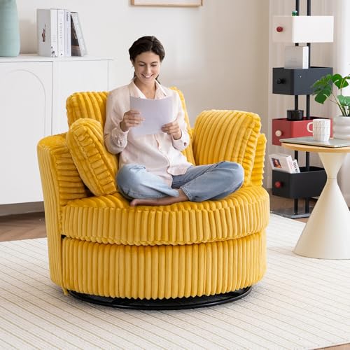 Chair and A Half with Ottoman, 360° Swivel Accent Barrel Chair Modern Comfy Round Reading Sofa Swivel Chairs Circle Lounge Chair for Bedroom Living Room w/4 Pillow Lower Seating Heigh (White, Large)