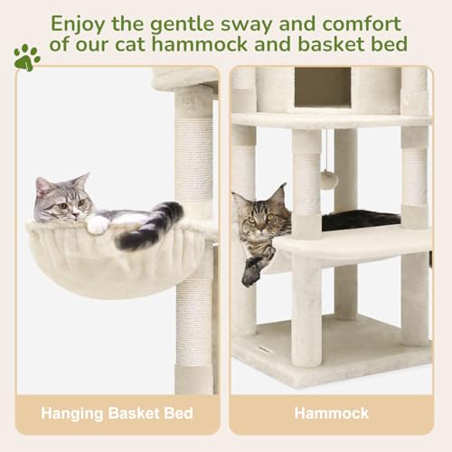 Globlazer Corner Cat Tree for Large Cats, 66inch Tall Curved Series Large Cat Tower for Multiple Indoor Cats with 6 Scratching Posts, 2 Spacious Cat Condos, Hammock, Hanging Basket, C66, Beige