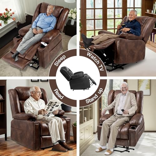 Large Power Lift Recliner Chair for Elderly with Heat and Massage, Lift Chairs for Seniors, 3 Positions, Breathable Leather, USB Ports, Cup Holder,Side Pocket, Light Brown