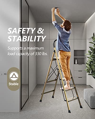 SOLADDER 5 Step Ladder, Folding Step Stool, Lightweight Aluminum Foldable Black Ladder for 10 Foot High Ceiling with Anti-Slip Wide Sturdy Pedal and Handgrip, Multi-Use for Home (300 lbs Capacity)