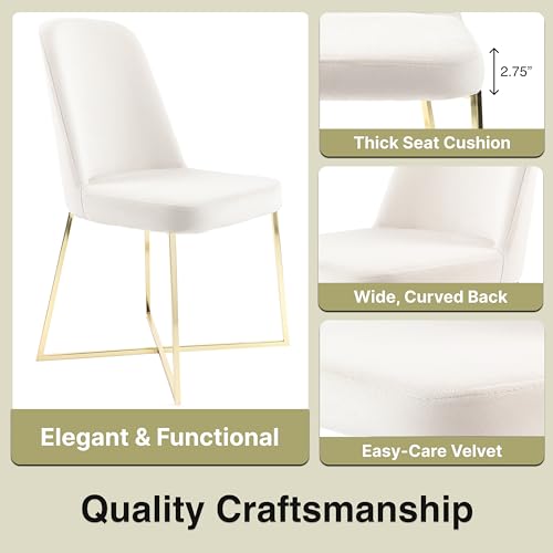 Well Woven Rachelle Velvet Modern Accent Chairs Set of 2 - Ivory Comfy Seat with Gold Metal Legs - Perfect for Living Room, Bedroom, Office, Dining Room