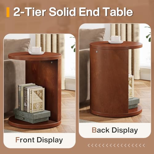 Tribesigns Solid Wood End Table, Set of 2, C-Shaped Round Side Table for Sofa, 2-Tier Couch Table for Small Space, Living Room, Easy Assembly, Walnut