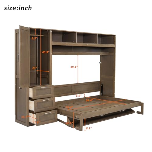 Full Size Murphy Bed Wall Bed with Wardrobe, 3 Drawers and 3 Open Top Shelves, Wooden Murphy Bed Chest with a Long Shelf, Platform Bed Frame Folds into Cabinet, Space-Saving Design (Antique Grey)