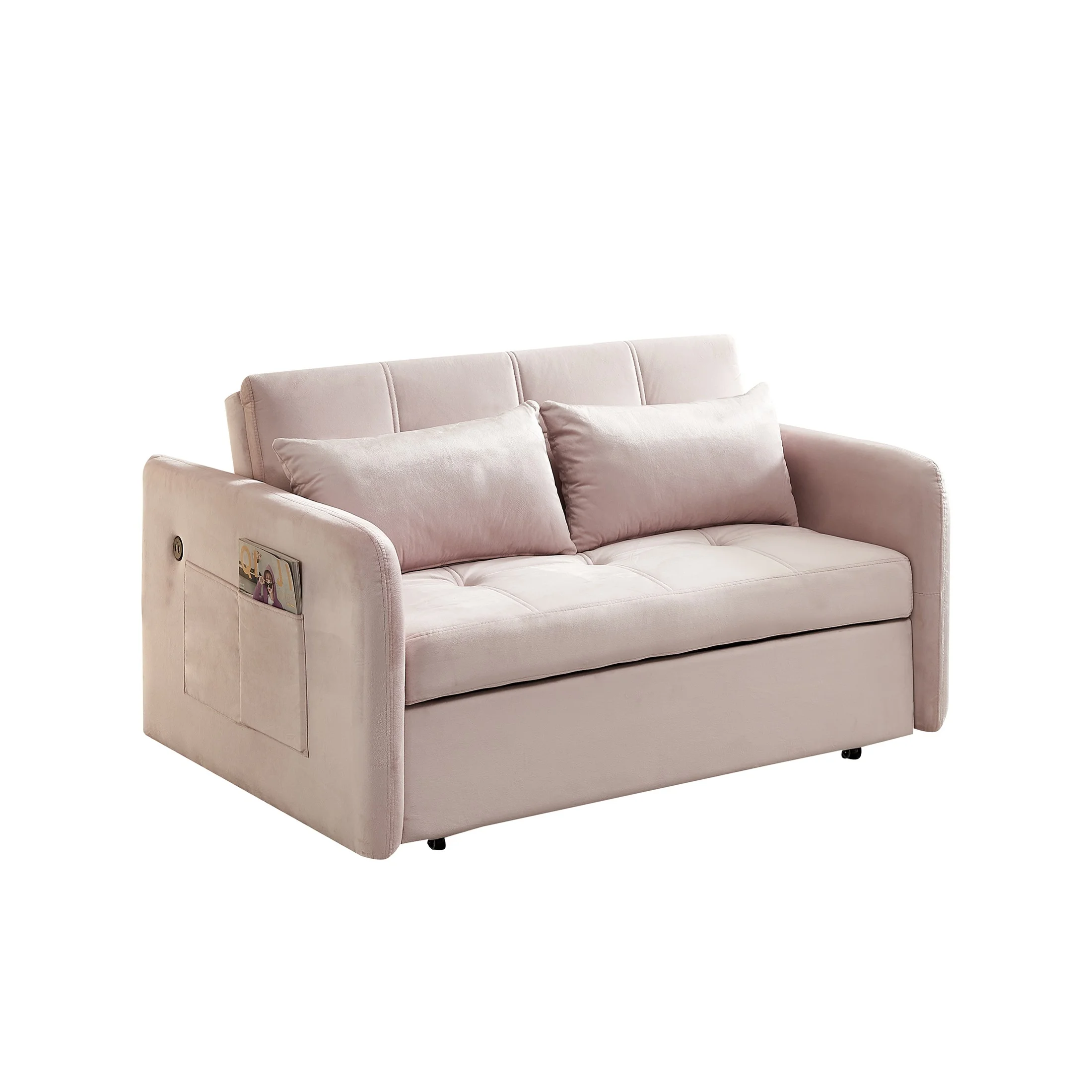 Noodeniya Convertible Sleeper Pull Out Sofa Bed with USB Port and Side Pockets, Velvet Loveseat Sofa Couch, Modern Sofa Bed for Small Space, Pink