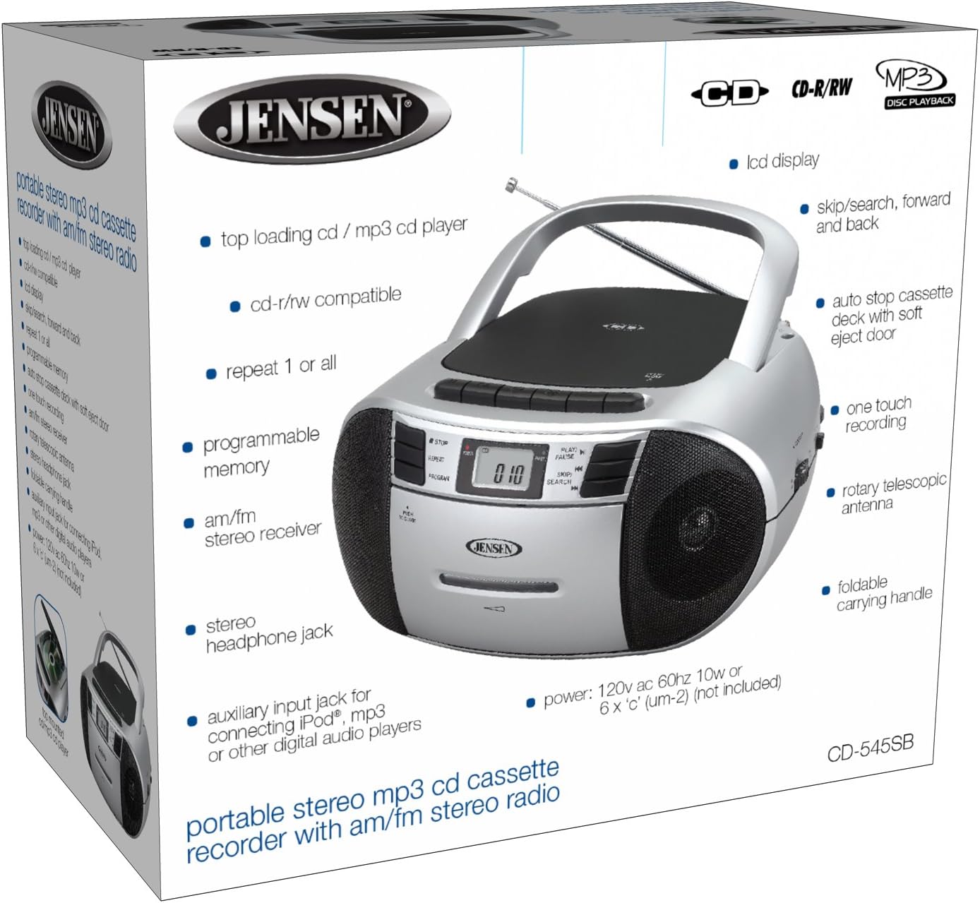 Jensen CD-545MP3 Top-Loading CD/MP3 AM/FM Radio Cassette Player, and Recorder Boombox Home Audio, Aux, Headphone (Silver/Black) Pack of 2