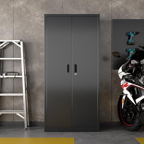 Aobabo Garage Storage Cabinet with Wheels,72" H Metal Storage Cabinet with 2 Doors and 4 Adjustable Shelves for Garage Home, Black,Required-Assembly