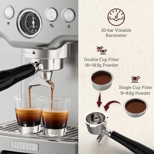 Neretva 15 Bar Espresso Machine with Milk Frother Steam Wand for Cappuccino, Latte, Macchiato, 1450W Professional Coffee Machine 1.8L Removable Water Tank For Home Barista