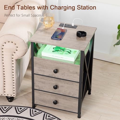 AMHANCIBLE Night Stand Set 2, LED Nightstand with Charging Station, End Side Tables with USB Port & Outlet, Bedside Table with Fabric Drawers for Bedroom Living Room, Dark Grey, HET053LDG