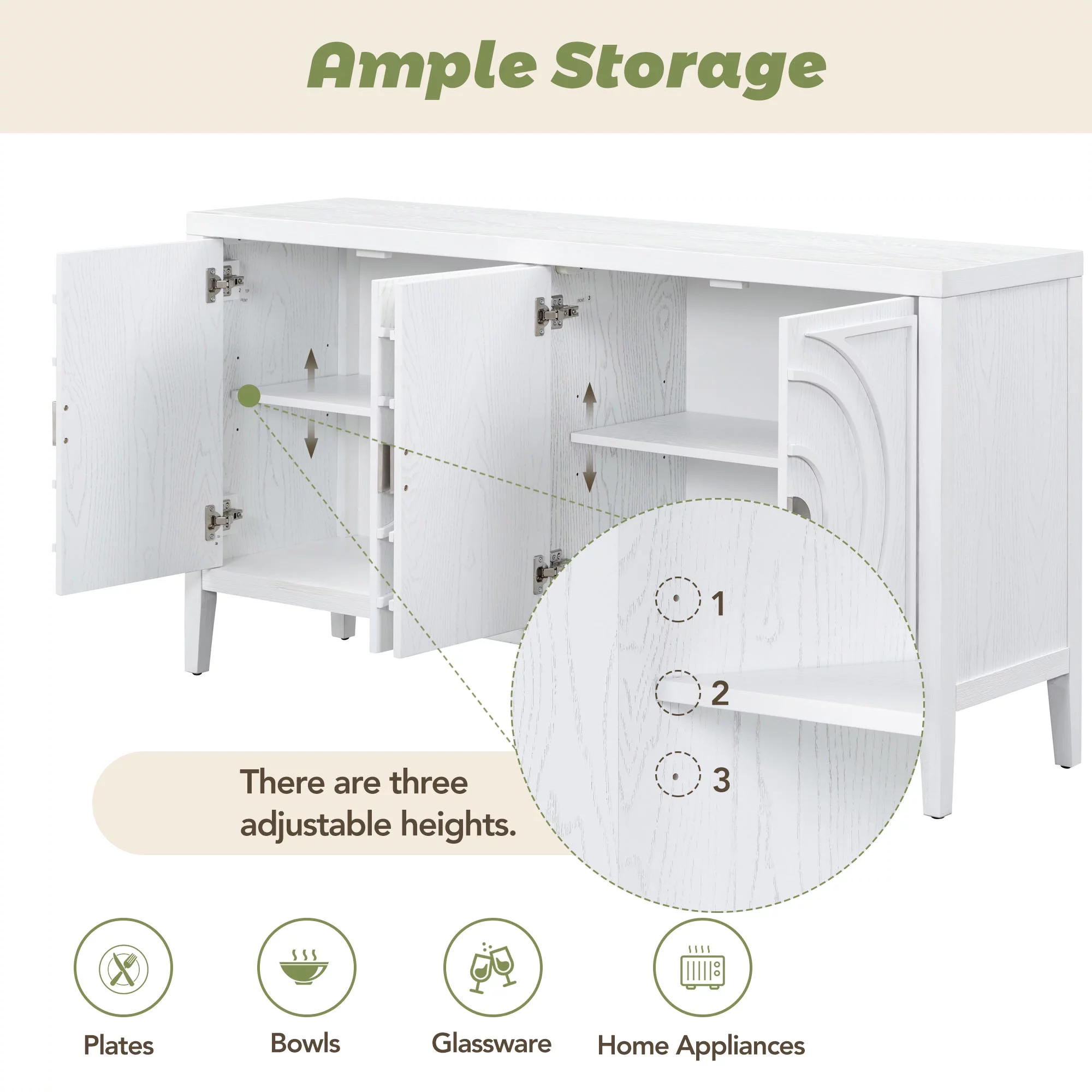 Accent Cabinet with 4 Doors, Wooden Buffet Sideboard with Adjustable Shelves, Modern Console Table, Storage Accent Cabinet for Kitchen Living Room Entryway Hallway, 60"L x 15.9"W x 32.1"H, White