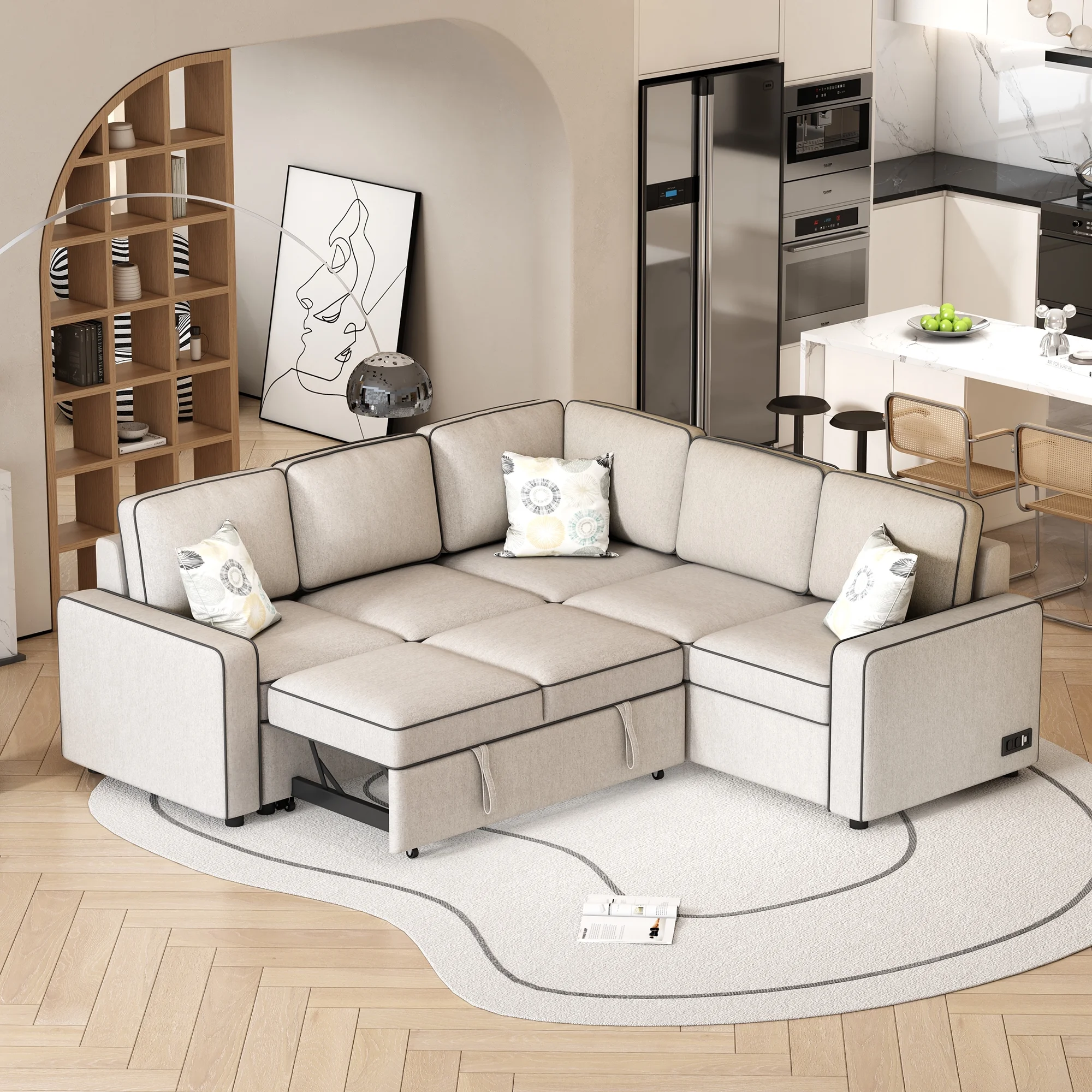 Euroco 5 Seat Pull Out Sofa Bed L-Shaped Sofa with 2 USB Ports, Sockets, Pillows, 83" Convertible Sleeper Sofa for Living Room, Bedroom, Office, Cream