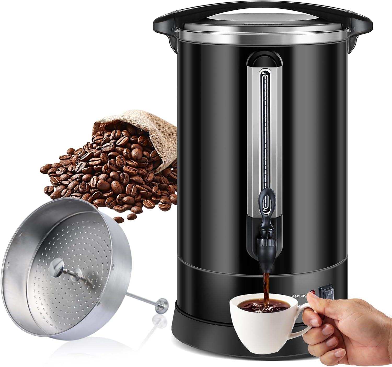 Coffee Urn 100Cups Large Coffee Dispenser 14.2L Full Stainless Steel Commercial Coffee Maker Double Wall Quick Brew Electric Beverage Dispenser Hot Water Urn-Black