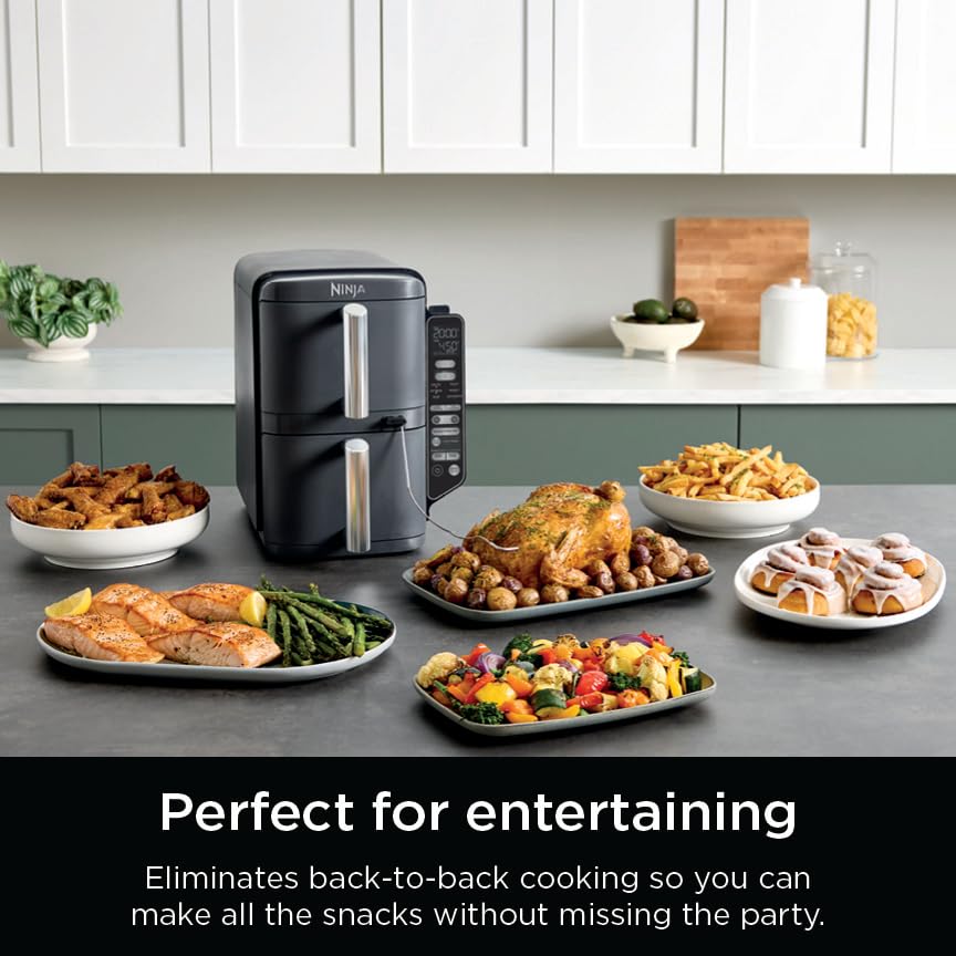 Ninja Air Fryer, 8 QT DoubleStack 2-Basket, Space Saving Design, Cooks 2lb Chicken Wings, Feeds up to 6 People, 6-in1 Air Fryer, Roast, Bake & More, Easy to Clean, Dishwasher Safe Parts, Black, SL201