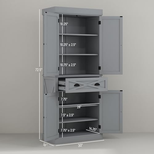 HOMCOM 72" Kitchen Pantry Storage Cabinet, Traditional Freestanding Cupboard with 4 Doors and 3 Adjustable Shelves, Large Central Drawer, X-Frame, White