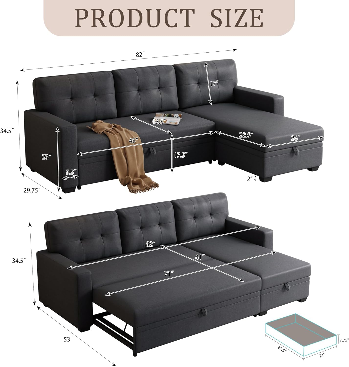 82" Upholstered Pull Out Sofa Bed with Storage Chaise,Linen Reversible Couch W/Tufted Backrest,3 Seater Sectional Sleeper for Living Room Apartment Office,Dark Gray