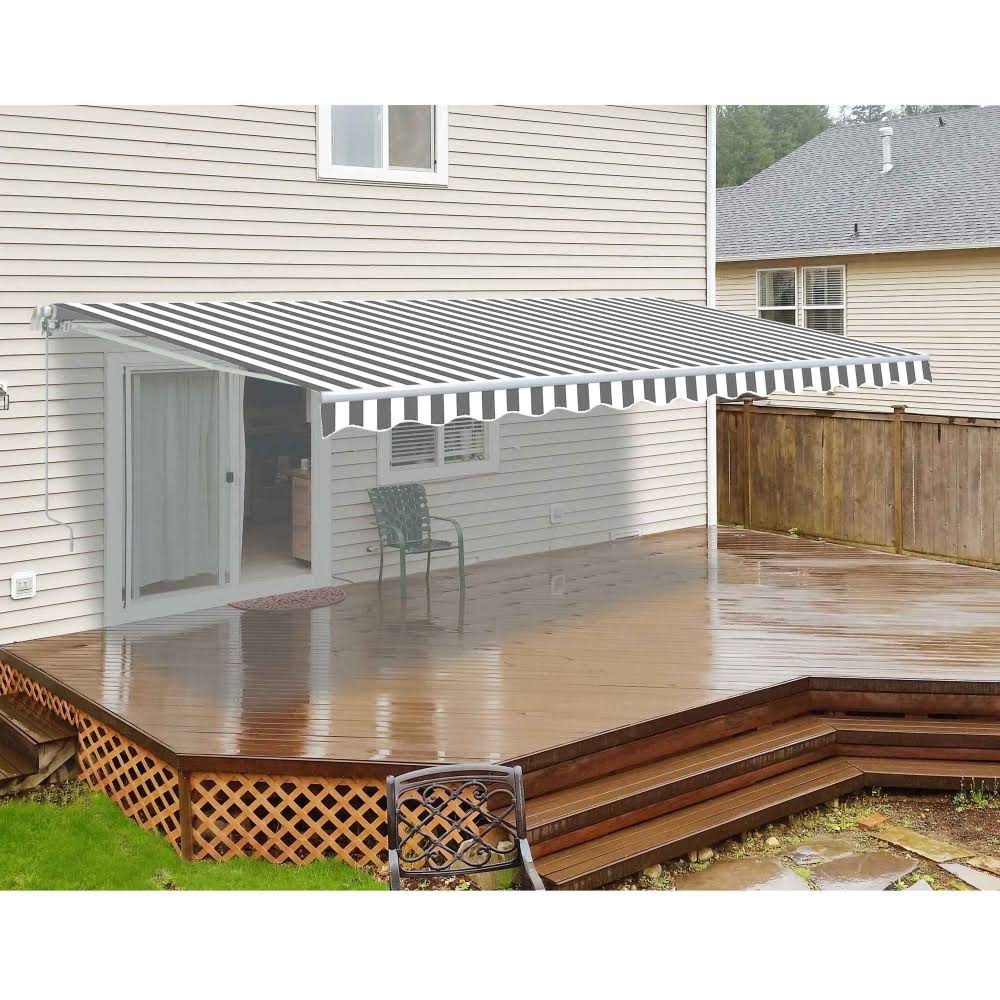 Aleko AWM12X10GREYWHT Retractable Motorized Patio Awning 12 x 10 Feet Gray and White Striped