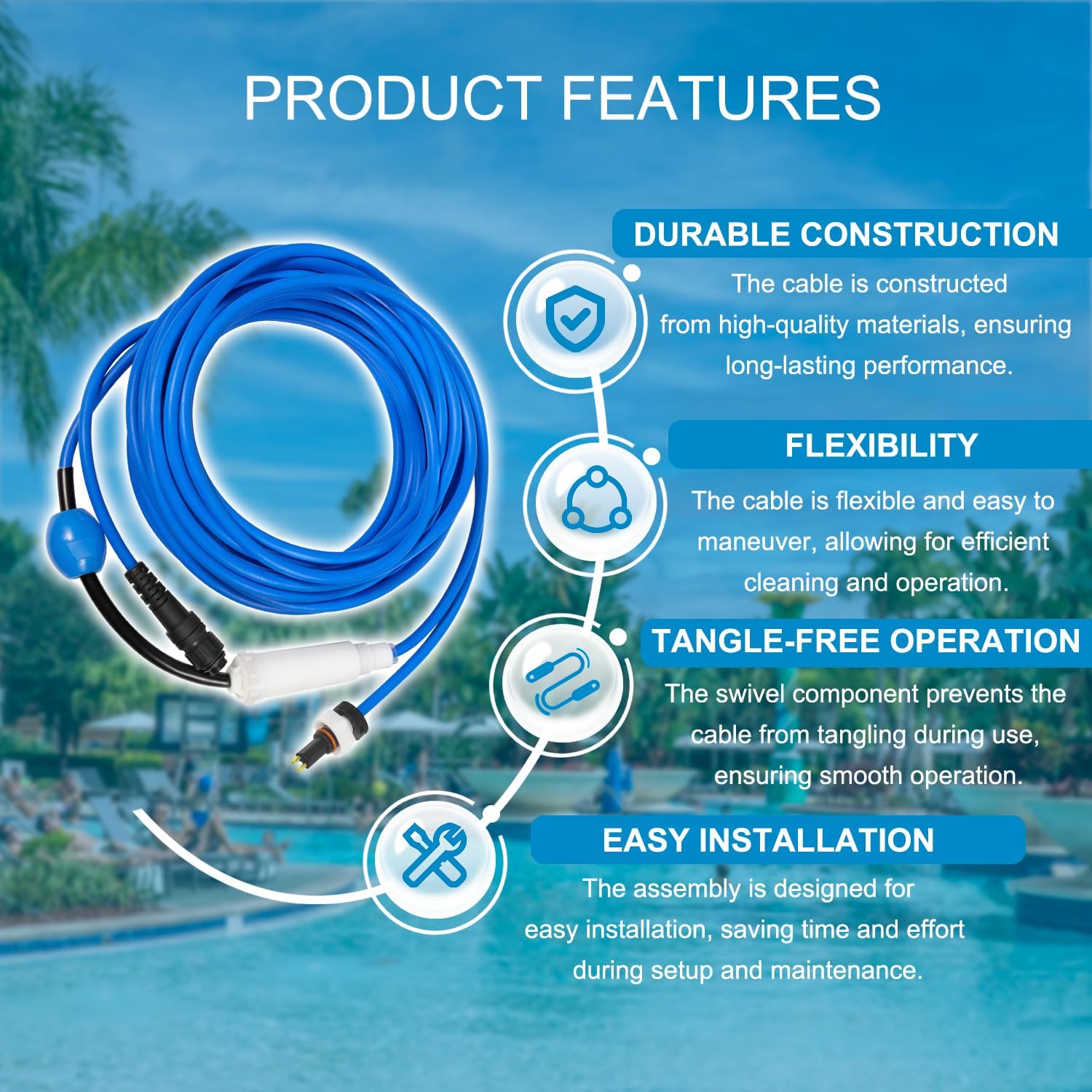 99958907-DIY Cable and Swivel- 2 Wire - for Dolphin Robotic Pool Cleaners Active 20, Advantage Ultra, Discovery, Explorer E30, Proteus DX4, Quantum, S200, T35, Triton PS - 18M(60ft)