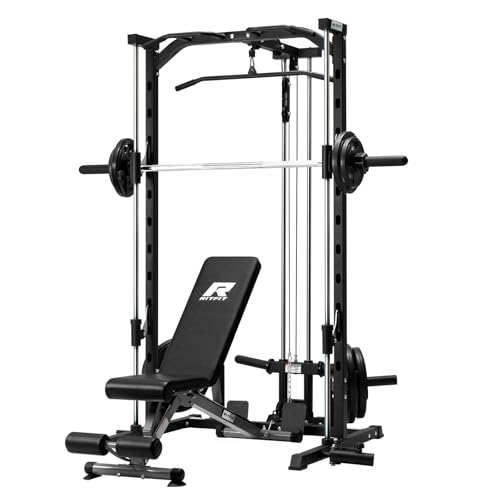 RitFit Smith Machine Power Rack with LAT-Pull Down System, Landmine, Barbell Bar, Plate Storage Pegs and More Training Attachment