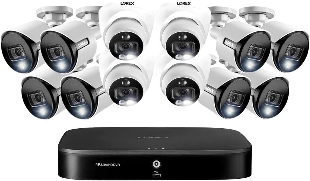 Lorex 4k Wired Security Camera System, Ultra HD Cameras with Motion Detection Surveillance, Active Deterrence and Smart Home Compatibility, 3TB 16 Channel DVR, 8 Bullet Cameras, 4 Dome Cameras