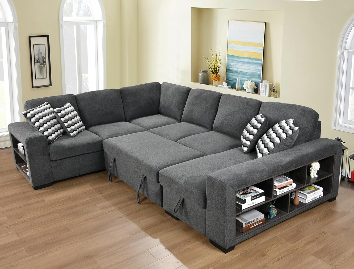 Sectional Modern Sofa Couch with Storage Cabinet 125" U Shape Oversized Sectional Sofa Bed Couches Adjustable Headrest Sleeper Sofa for Living Room,Large Space Dorm,Grey