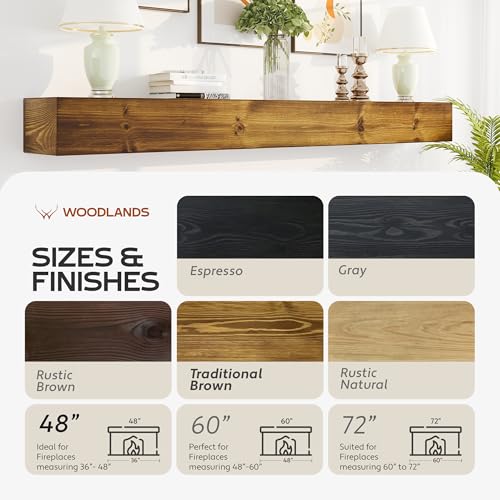 Woodlands-USA 72 Floating Fireplace Mantel Wood Shelf - Rustic Mantels For Over Fireplace, 72 Inches Wall Mounted Handcrafted Mantle Shelf, 72 X 8 X 5 Fireplace Mantel Shelves, Farmhouse Charcoal Gray