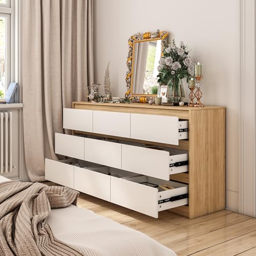 Hitow 9 Drawer Dresser for Bedroom with Deep Drawers, Large Floor Wood Dressers & Chest of Drawers Handle Free, Modern Black Long Dressers for Closet Living Room, Euro Slide (63"W x 15.7"D x 31.5"H)