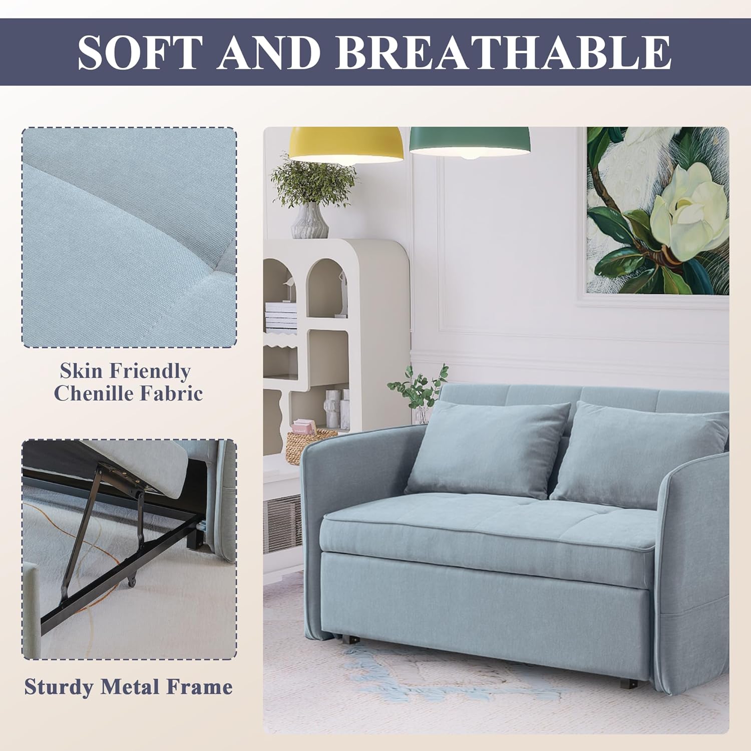 53.5in 3 in 1 Multi-Function Chenille Fabric Double Sofa Bed Post-Modern Minimalist with Pull-Out Bed with Adjustable Backrest/Lumbar Pillow/Side Pockets Storage, Bluish Grey, SFC848003