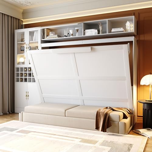 Merax Queen Size Murphy Bed Wall Bed with Sofa, Shelves, USB & Light - Space Saving Foldable Bed for Small Apartments, Grey