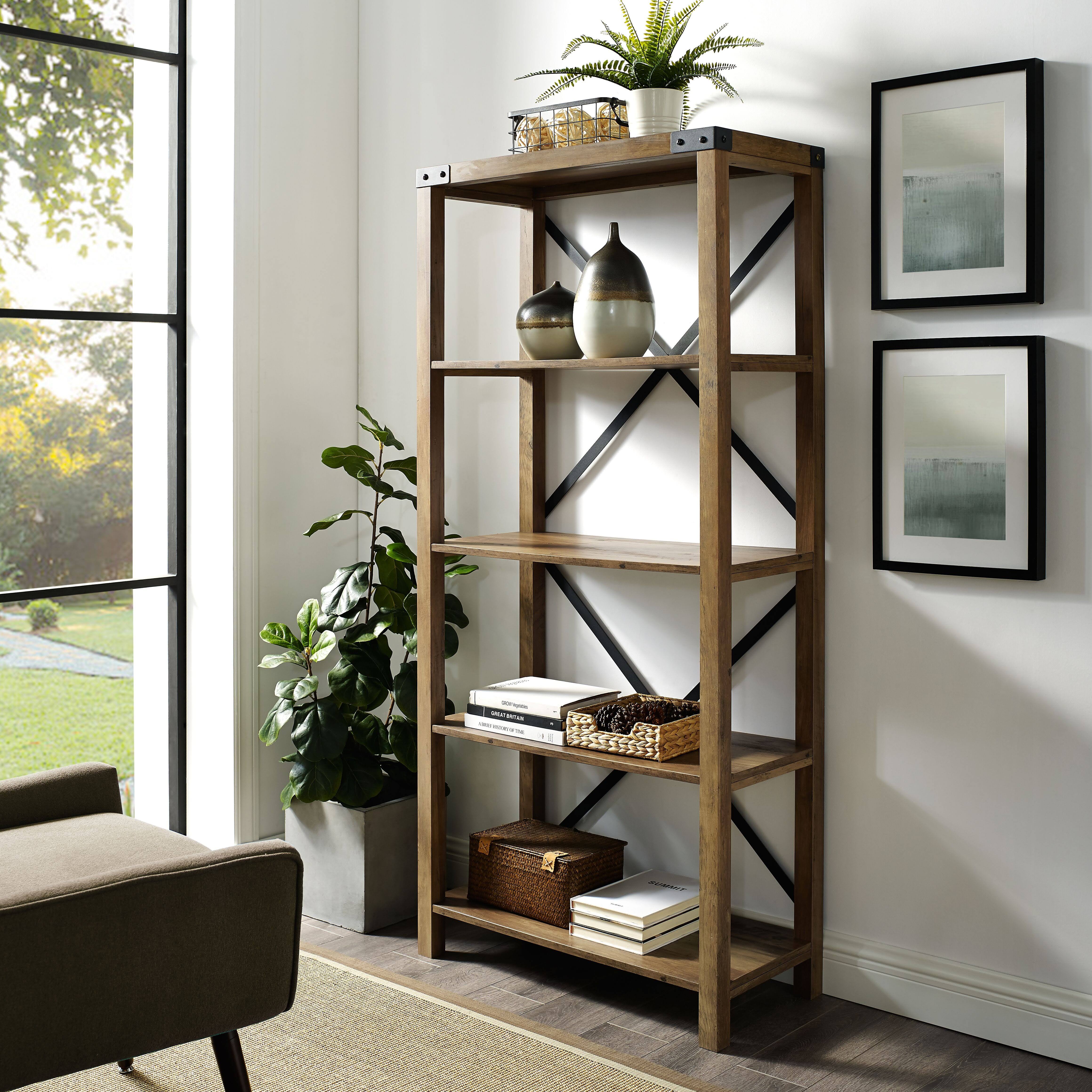 Walker Edison 64x22 Farmhouse Metal Bookcase Rustic Oak