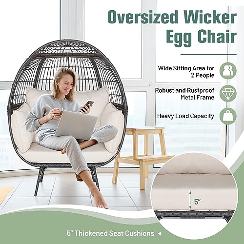 Oversized Egg Chair, Wicker Patio Basket Circle Lounge Chair w/Metal Stand & 4 Thick Cushions, PE Rattan Egg Lounger Outdoor Indoor for Backyard, Balcony, Living Room (Light Brown)