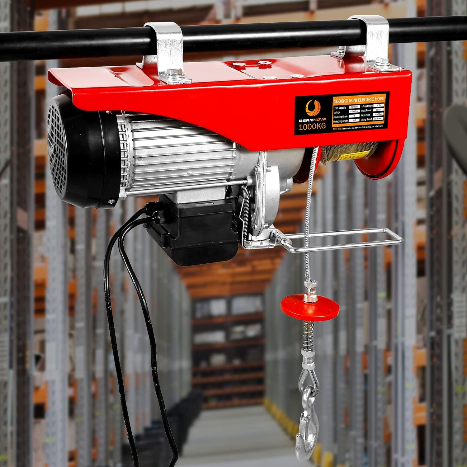 BEAMNOVA 2200lbs + 1500lbs Electric Hoist Winch Overhead Engine Lift 110-120 Volt with Line 4.92 Ft Remote Control Switch Hook Strap Beam Mounting Bracket Gloves Pulley for Garage Storage