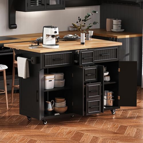 56.5" Rolling Kitchen Island with Storage on Wheels, Kitchen Cart with Drop Leaf & Power Outlet, Portable Island Table with 4 Doors, 5 Drawers, Spice Rack and Towel Bar for Dinning Room, Black