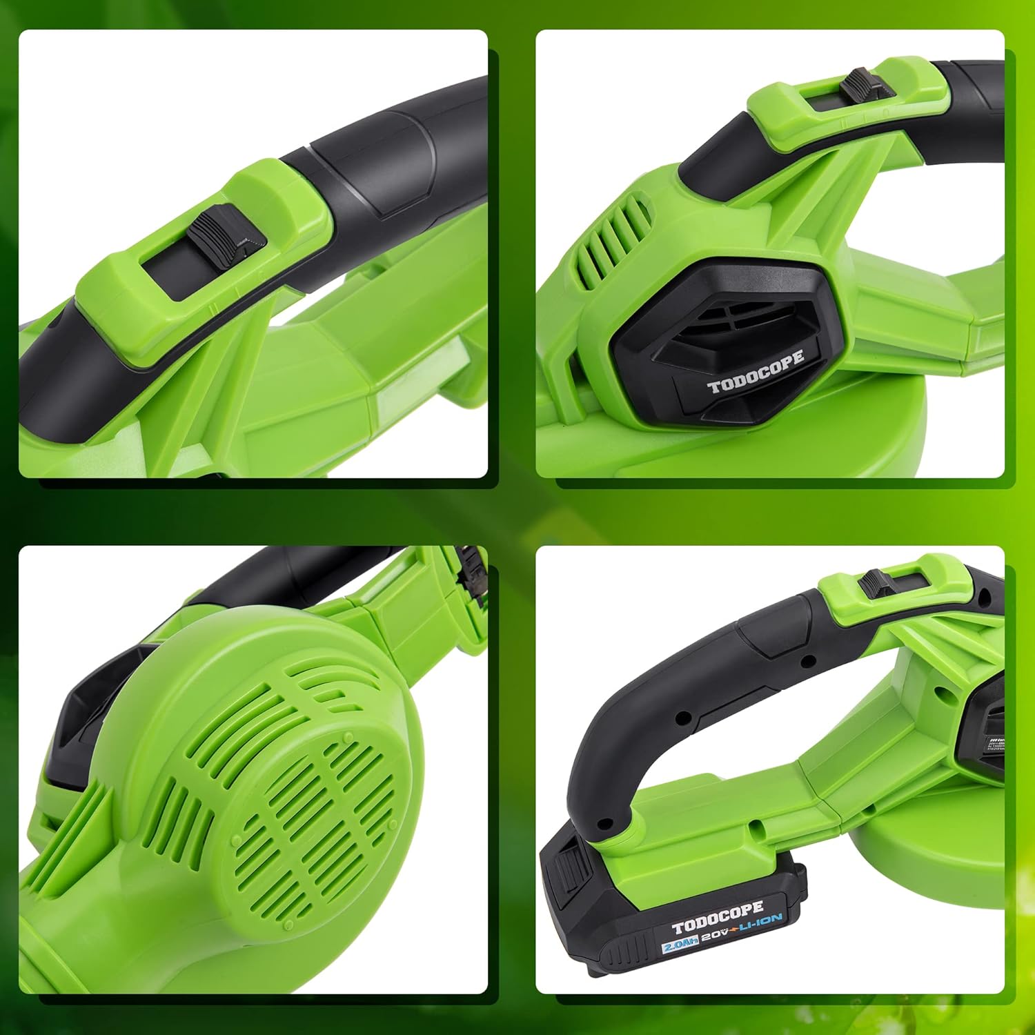 TODOCOPE 20V Cordless Leaf Blower with Battery and Charger, Electric Leaf Blower Vacuum, Battery Leaf Blower Cordless for Lawn, Variable Speed, Lightweight, Quick Charge, Green, (TDC-CB20) Pack of 2