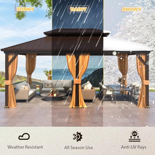 YOLENY 10' x 12' Hardtop Gazebo, Wood-Looking Gazebo with Galvanized Steel Double Roof, Aluminum Frame, Permanent Metal Pavilion with Netting and Curtains for Deck, Backyard, Patio and Lawns