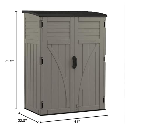 Suncast 54 Cubic Ft. Vertical Resin Outdoor Storage Shed with Lockable Double Doors, Weather-Resistant Multi-Wall Panels, Customizable Shelving, Stoney, Made in the USA
