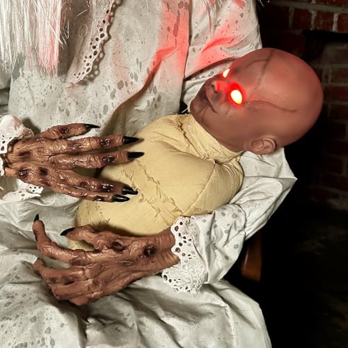 Haunted Hill Farm Life-Size 2.9-Ft Animatronic Gravely Granny by Tekky Halloween Decoration with Motion-Activated Sounds